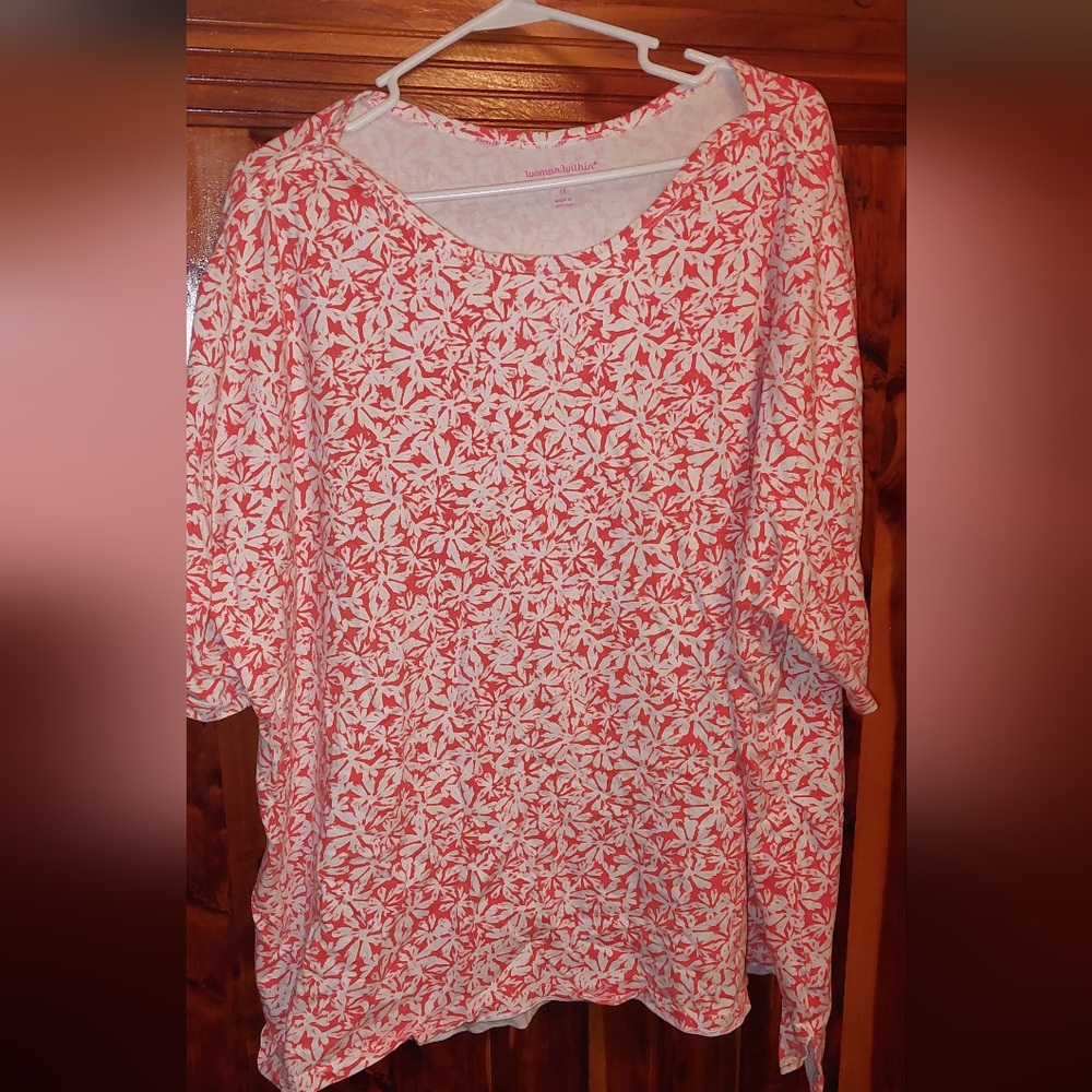 Woman Within Coral and White Floral Blouse Elbow Length 3x Smoke Free Home